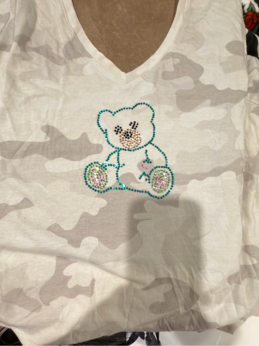 Teddy Camo V-Neck Top - White & Light Gray. Handmade. Rhinestones